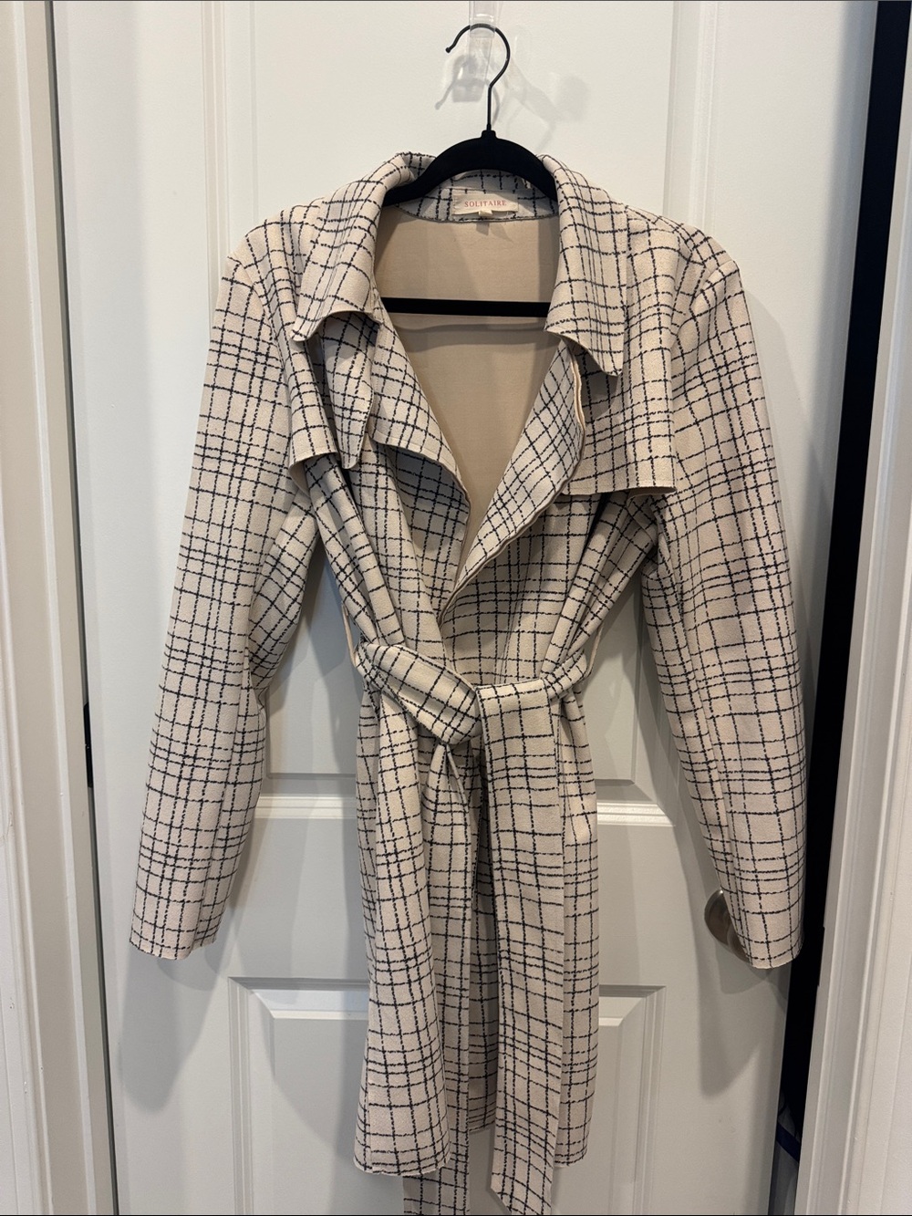Anthropologie Solitaire Cream Trench Coat with Black Windowpane Plaid